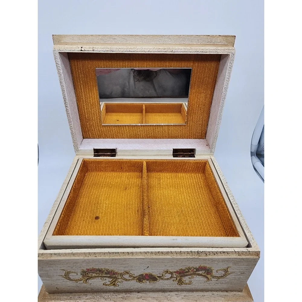 Vintage Japan Wooden Jewelry Music Box White Gold Floral Footed Mirror Lining